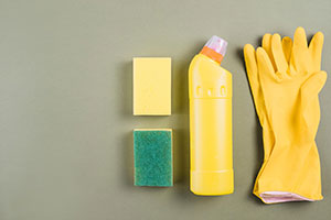 Sponge, dish soap, and gloves